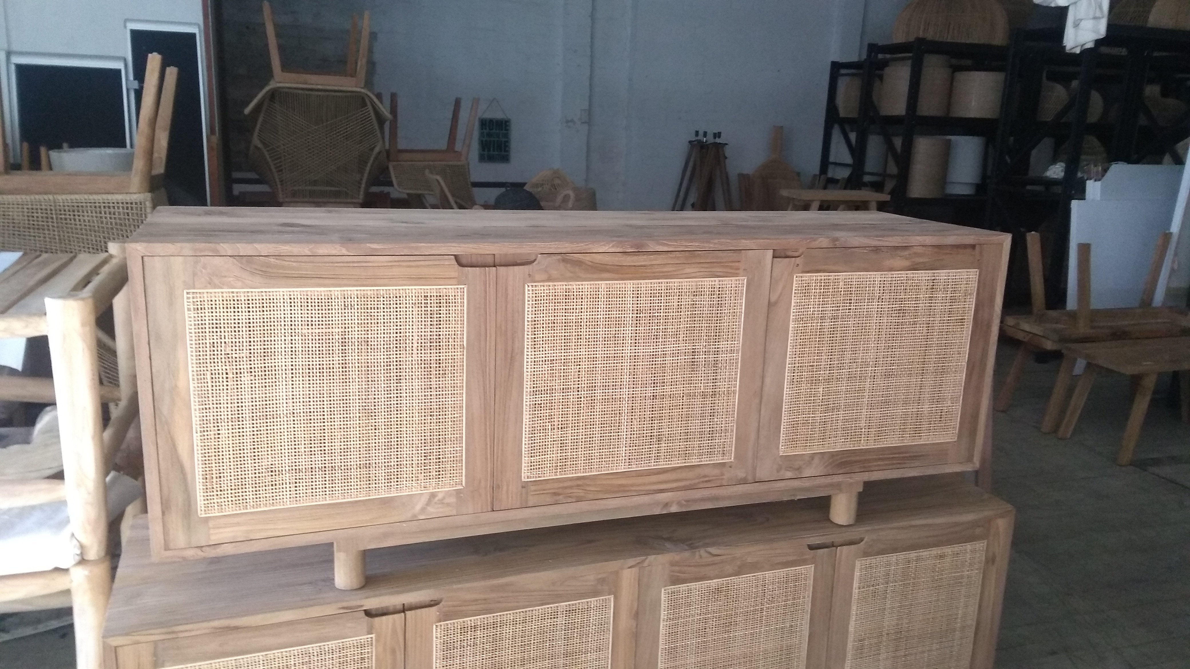 Wood Rattan 3 Door Cabinet